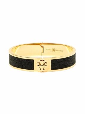 TORY BURCH Gold & Black Enamel Leather Hinged Bangle with Signature 3D Gold Logo